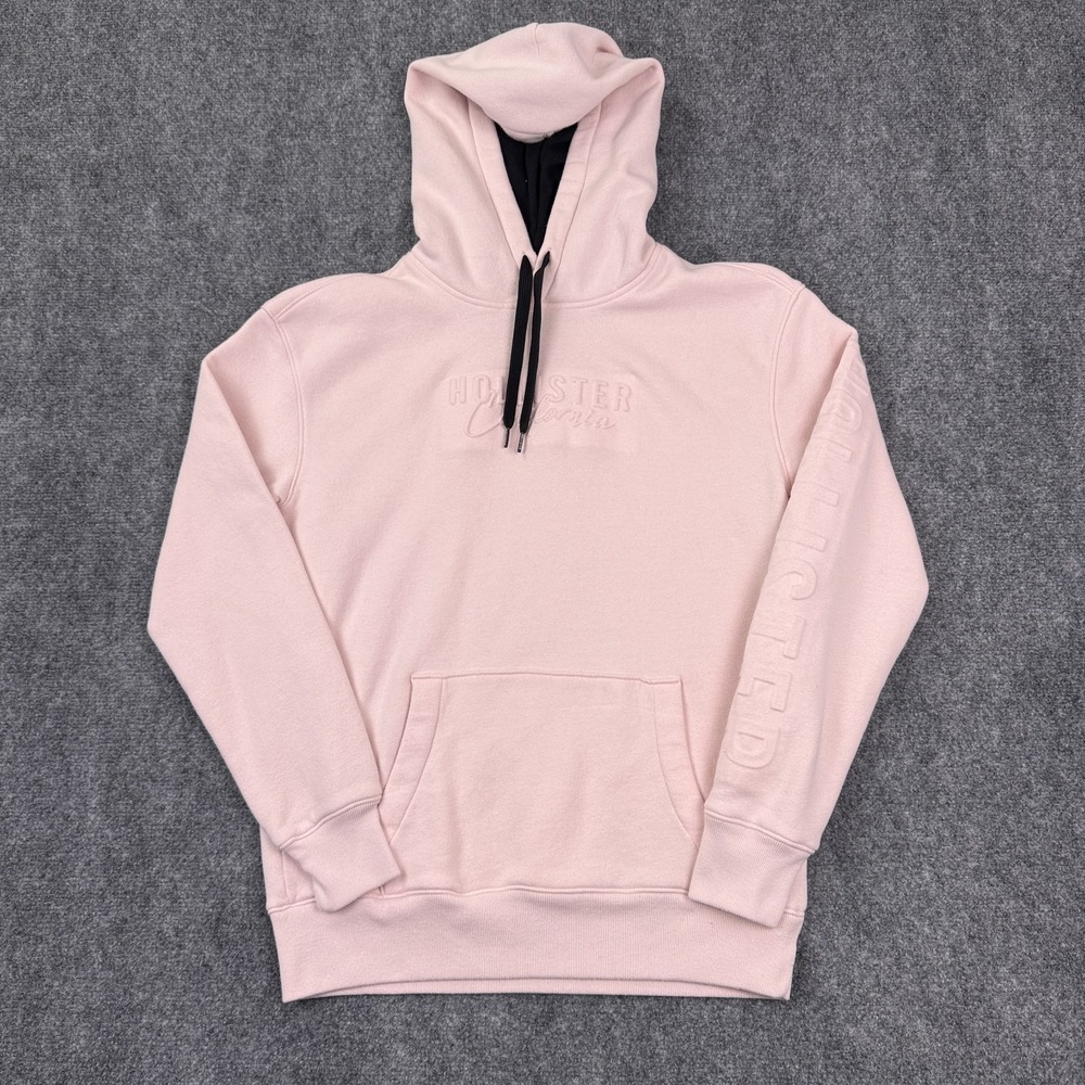 Hollister Womens Hoodie Size Small Pink Pullover Embossed Logo Fleece Sweatshirt
